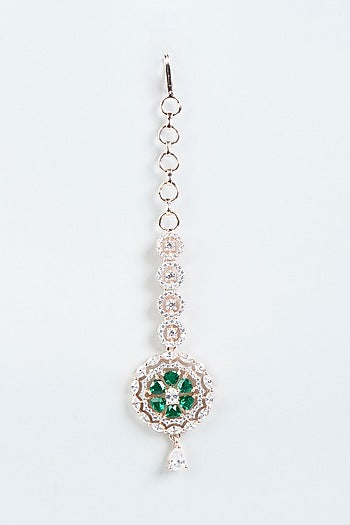 Rose Gold Finish Green Stone Maang Tikka