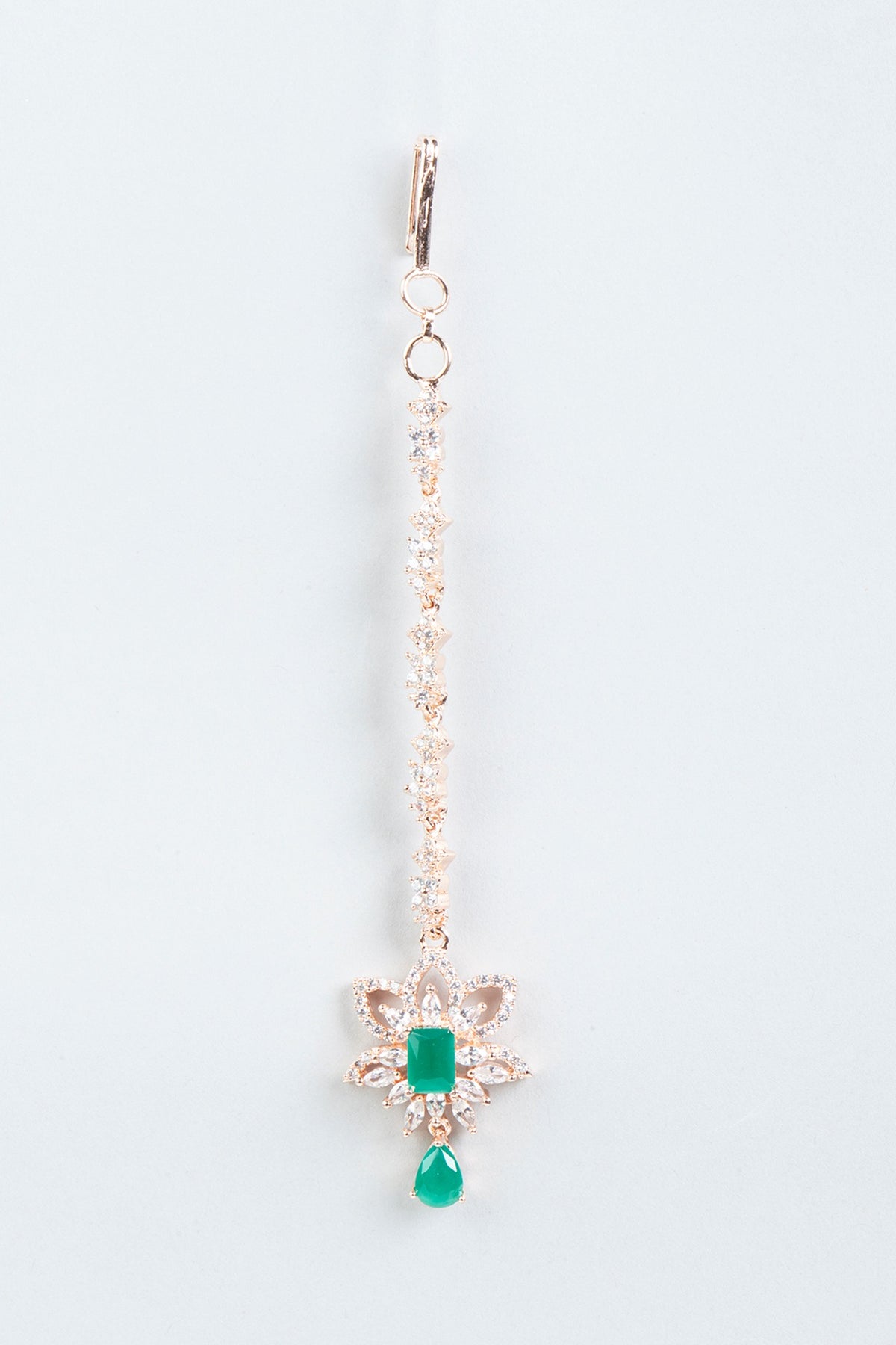 Rose Gold Finish Maang Tikka With Green Synthetic Stones