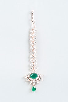 Rose Gold Finish Maang Tikka With Green Stones