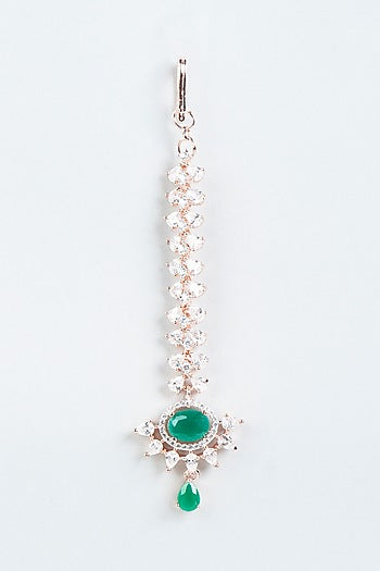 Rose Gold Finish Maang Tikka With Green Stones