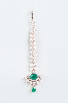 Rose Gold Finish Maang Tikka With Green Stones