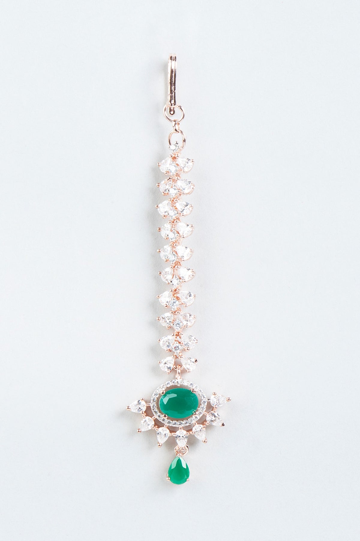 Rose Gold Finish Maang Tikka With Green Stones