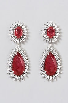 White Finish Red Synthetic Stone & Zircon Dangler Earrings