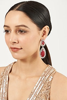 White Finish Red Synthetic Stone & Zircon Dangler Earrings