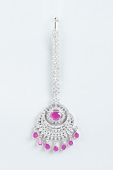 White Finish Maang Tikka With Pink Stones