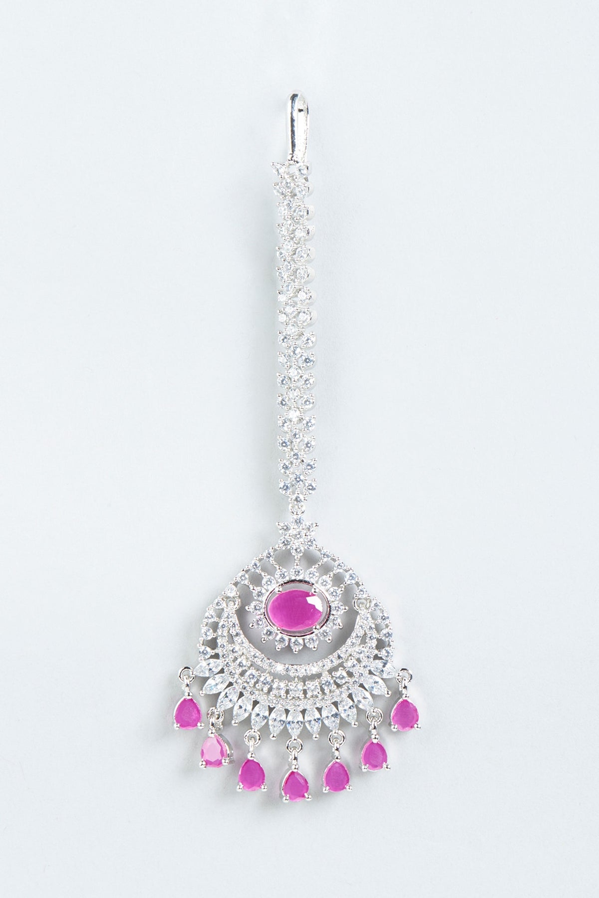 White Finish Maang Tikka With Pink Stones