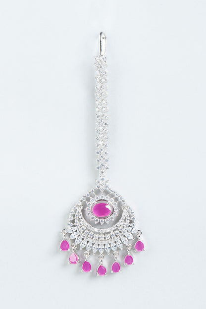 White Finish Maang Tikka With Pink Stones
