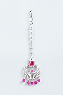White Finish Zircon & Pink Synthetic Stone Maangtikka