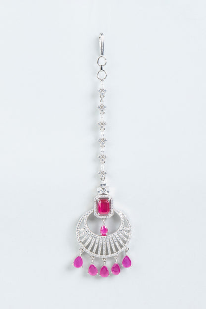 White Finish Zircon & Pink Synthetic Stone Maangtikka