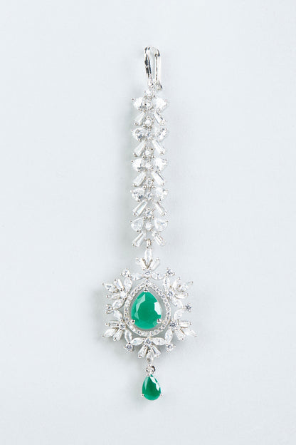 White Finish Zircons & Emerald Maang Tikka