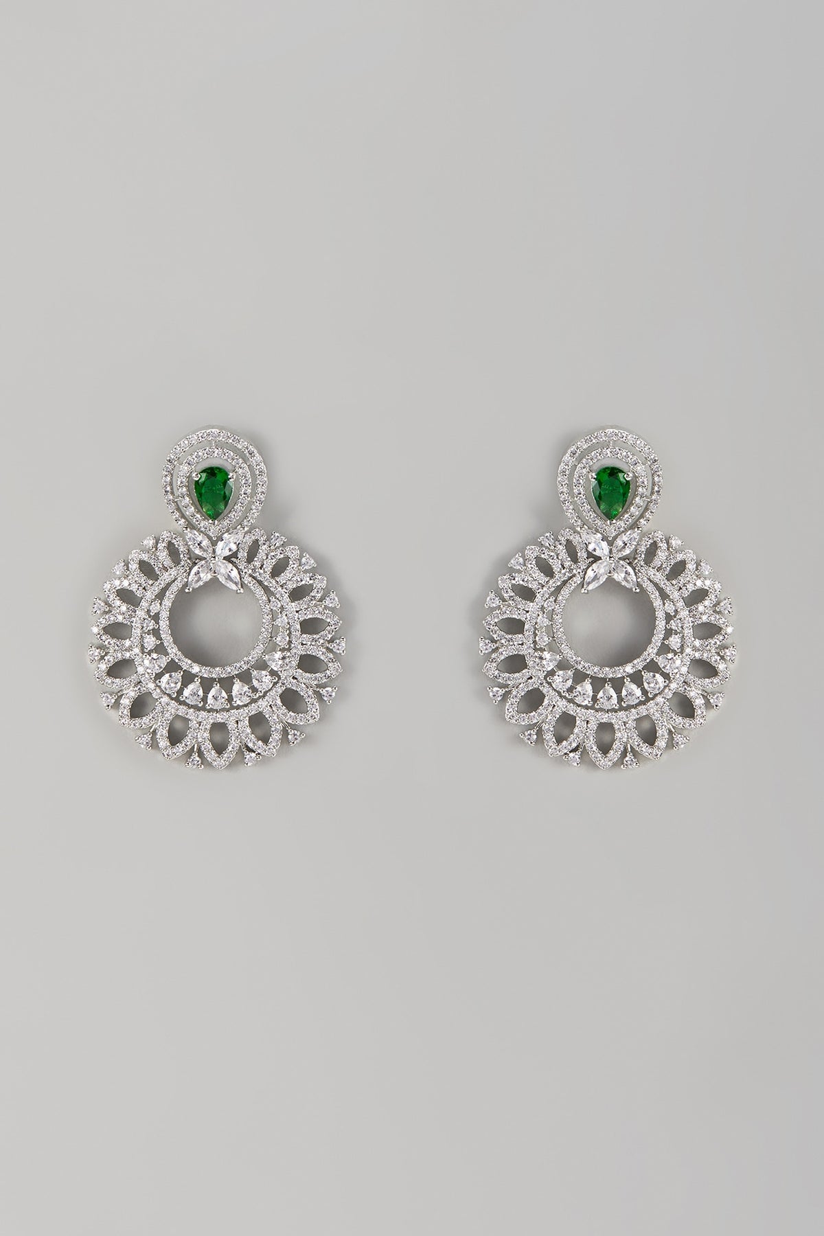 White Finish Zircon & Emerald Stone Dangler Earrings
