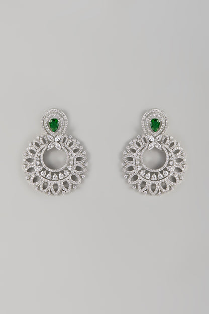 White Finish Zircon & Emerald Stone Dangler Earrings