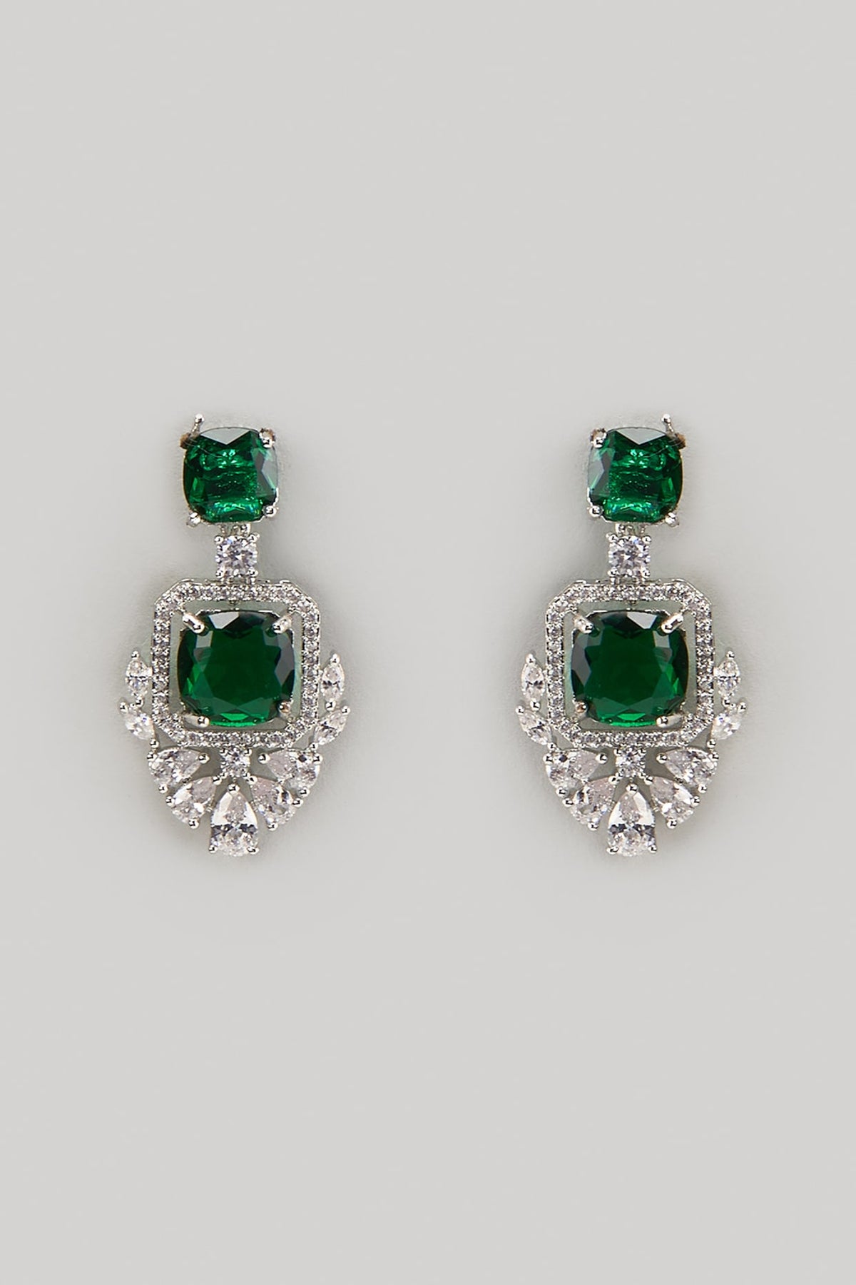 White Finish Zircon & Emerald Stone Dangler Earrings