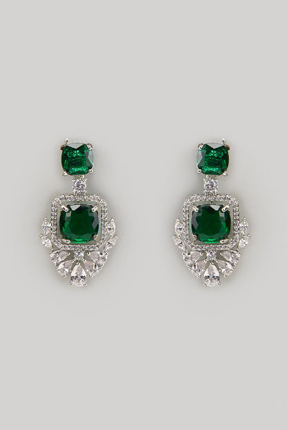 White Finish Zircon & Emerald Stone Dangler Earrings