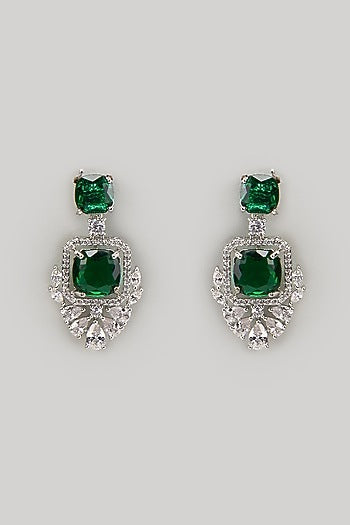 White Finish Zircon & Emerald Stone Dangler Earrings