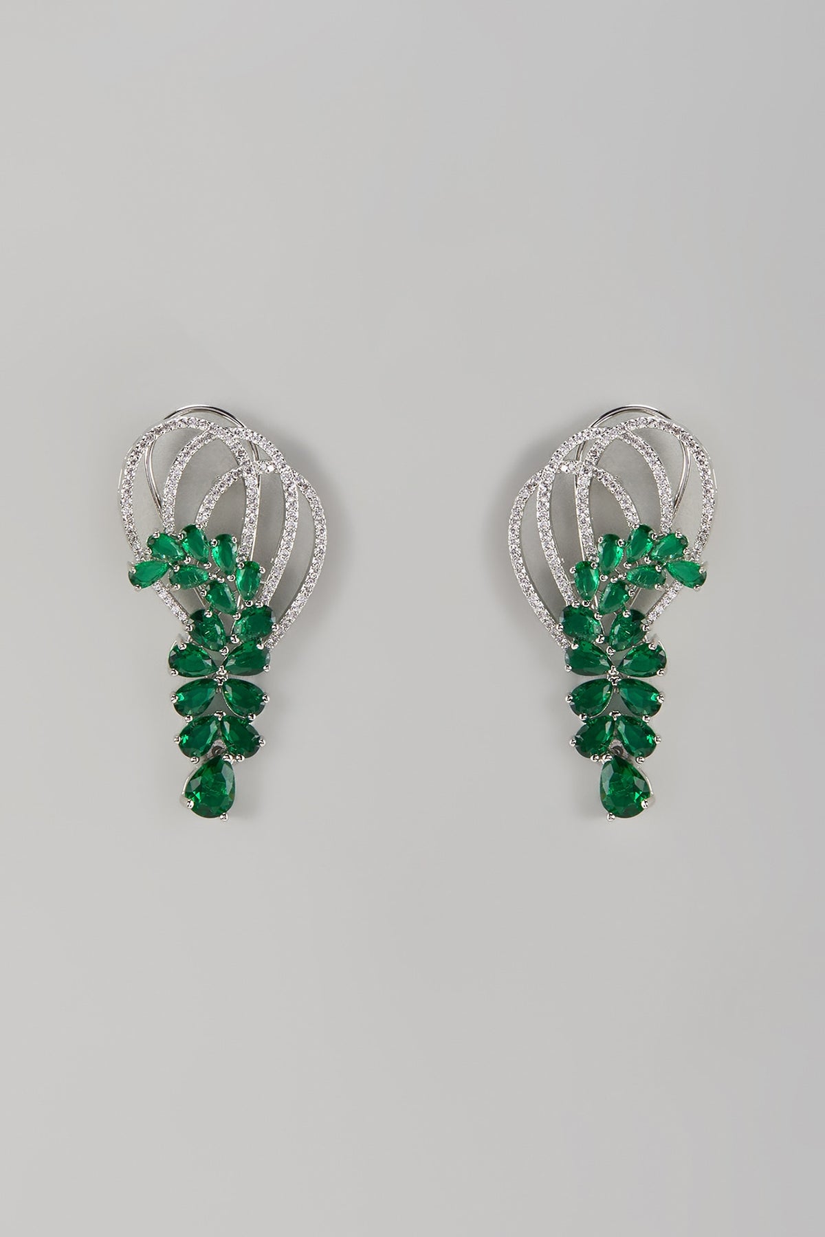 White Finish Zircon & Emerald Stone Dangler Earrings