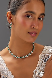 White Finish Zircon & Emerald Stone Necklace Set