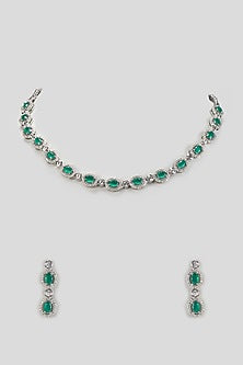 White Finish Zircon & Emerald Stone Necklace Set