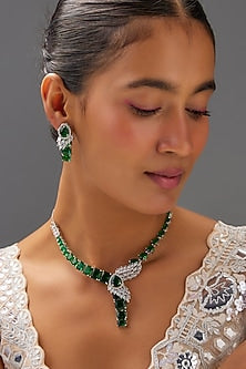 White Finish Zircon & Emerald Stone Necklace Set