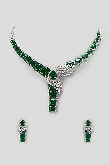 White Finish Zircon & Emerald Stone Necklace Set