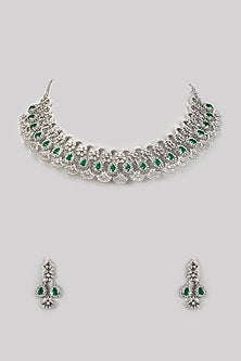 White Finish Zircon & Emerald Stone Necklace Set