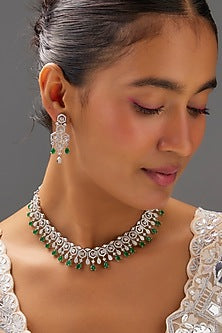 White Finish Zircon & Emerald Stone Necklace Set