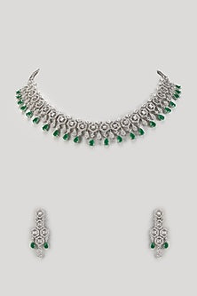 White Finish Zircon & Emerald Stone Necklace Set