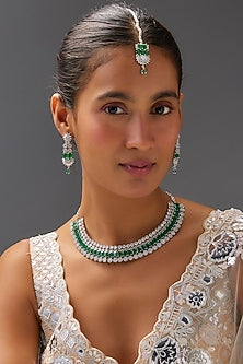 White Finish Zircon & Emerald Stone Necklace Set