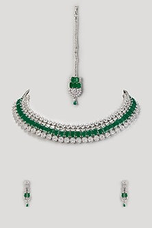 White Finish Zircon & Emerald Stone Necklace Set