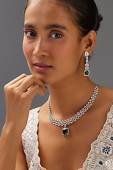 White Finish Zircon & Emerald Stone Necklace Set