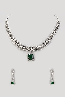 White Finish Zircon & Emerald Stone Necklace Set