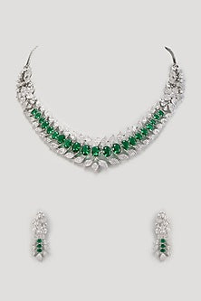 White Finish Zircon & Emerald Stone Necklace Set