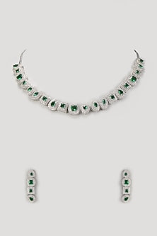 White Finish Zircon & Emerald Stone Necklace Set