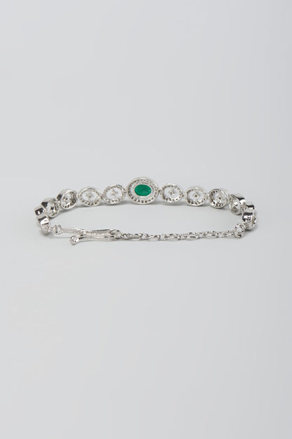 White Finish Faux Diamond & Emerald Stone Openable Bracelet