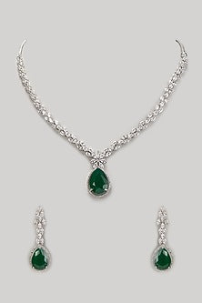 White Finish Zircon & Emerald Stone Necklace Set