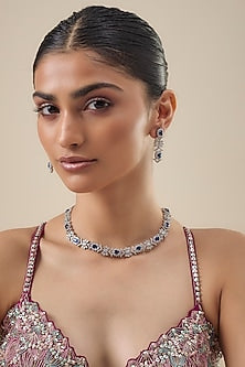 White Finish Zircon & Blue Stone Necklace Set
