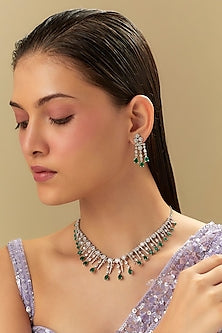 White Finish Zircon & Emerald Stone Necklace Set