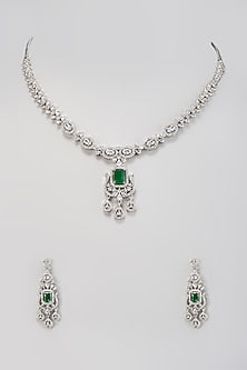 White Finish Zircon & Emerald Stone Necklace Set