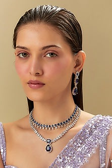 White Finish Zircon & Blue Sapphire Stone Necklace Set