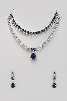 White Finish Zircon & Blue Sapphire Stone Necklace Set