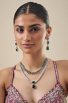 White Finish Zircon & Emerald Stone Necklace Set