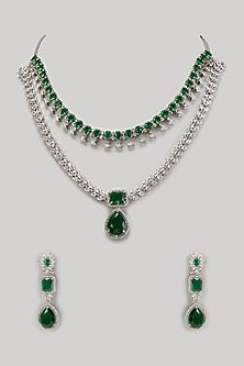 White Finish Zircon & Emerald Stone Necklace Set