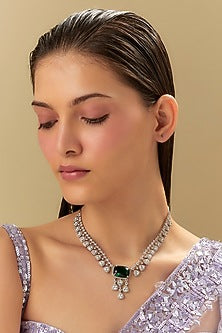 White Finish Zircon & Emerald Stone Necklace Set