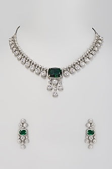 White Finish Zircon & Emerald Stone Necklace Set