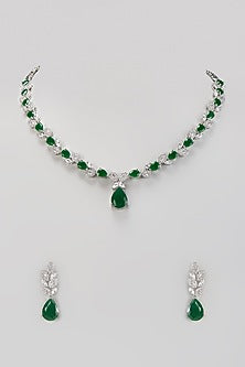 White Finish Zircon & Emerald Stone Necklace Set