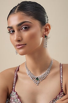 White Finish Zircon & Emerald Stone Necklace Set