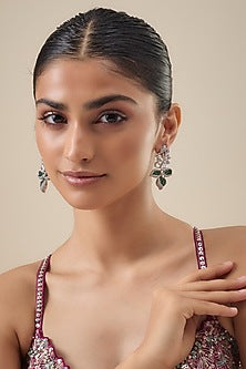 White Finish Zircon & Emerald Stone Dangler Earrings