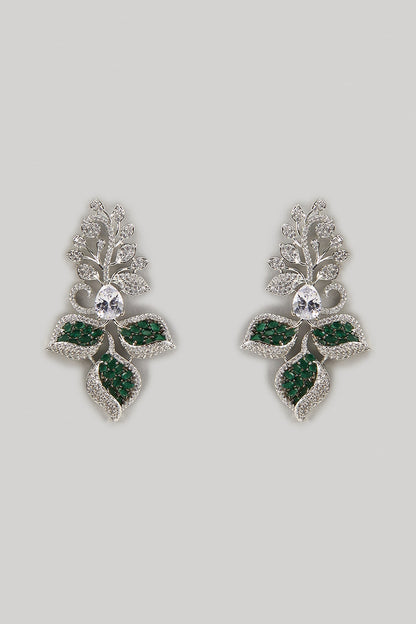White Finish Zircon & Emerald Stone Dangler Earrings