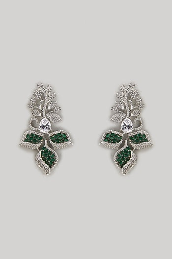 White Finish Zircon & Emerald Stone Dangler Earrings