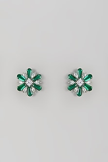 White Finish Zircon & Emerald Stone Stud Earrings
